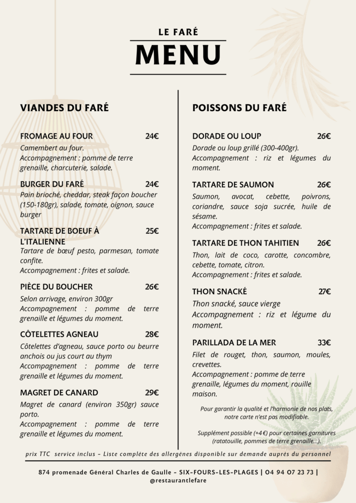 Restaurant Le Faré Six-Fours-Les-Plages Plage Bonnegrâce Cuisine Méditerranéenne Carte