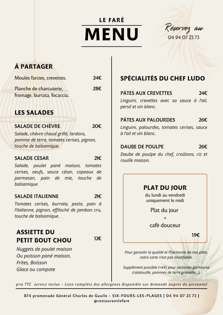 Restaurant Le Faré Six-Fours-Les-Plages Plage Bonnegrâce Cuisine Méditerranéenne Carte